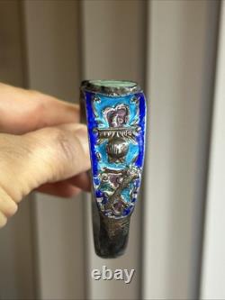 33. Antique Chinese Export Silver Cobalt Blue Enamel Green Jadeite Bracelet