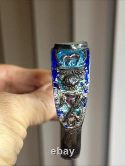 33. Antique Chinese Export Silver Cobalt Blue Enamel Green Jadeite Bracelet