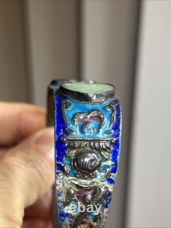 33. Antique Chinese Export Silver Cobalt Blue Enamel Green Jadeite Bracelet