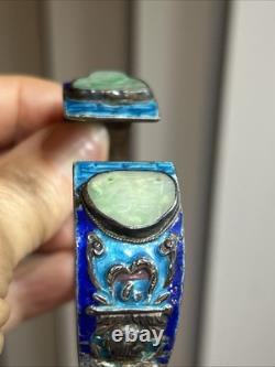 33. Antique Chinese Export Silver Cobalt Blue Enamel Green Jadeite Bracelet