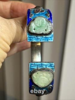 33. Antique Chinese Export Silver Cobalt Blue Enamel Green Jadeite Bracelet