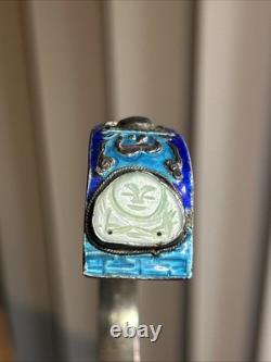 33. Antique Chinese Export Silver Cobalt Blue Enamel Green Jadeite Bracelet