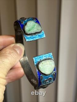 33. Antique Chinese Export Silver Cobalt Blue Enamel Green Jadeite Bracelet