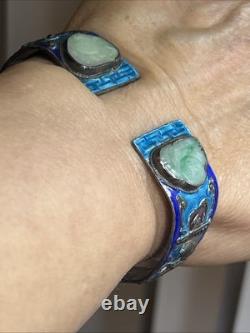 33. Antique Chinese Export Silver Cobalt Blue Enamel Green Jadeite Bracelet