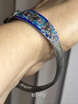 33. Antique Chinese Export Silver Cobalt Blue Enamel Green Jadeite Bracelet