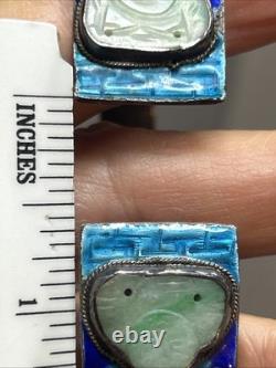 33. Antique Chinese Export Silver Cobalt Blue Enamel Green Jadeite Bracelet