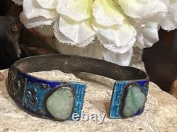 33. Antique Chinese Export Silver Cobalt Blue Enamel Green Jadeite Bracelet