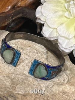 33. Antique Chinese Export Silver Cobalt Blue Enamel Green Jadeite Bracelet