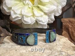 33. Antique Chinese Export Silver Cobalt Blue Enamel Green Jadeite Bracelet