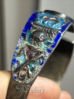 33. Antique Chinese Export Silver Cobalt Blue Enamel Green Jadeite Bracelet