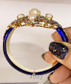 4.46ct ROSE CUT DIAMOND PEARL BLUE ENAMEL VICTORIAN LOOK 925 SILVER BRACELET