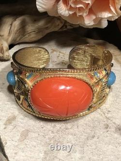 41. Vintage Gold tone Scarab Cobra Orange Blue Enamel Clamper Bracelet 6 1/2