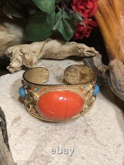 41. Vintage Gold tone Scarab Cobra Orange Blue Enamel Clamper Bracelet 6 1/2
