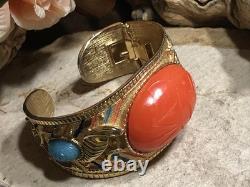 41. Vintage Gold tone Scarab Cobra Orange Blue Enamel Clamper Bracelet 6 1/2