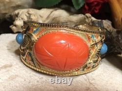 41. Vintage Gold tone Scarab Cobra Orange Blue Enamel Clamper Bracelet 6 1/2
