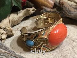 41. Vintage Gold tone Scarab Cobra Orange Blue Enamel Clamper Bracelet 6 1/2