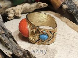 41. Vintage Gold tone Scarab Cobra Orange Blue Enamel Clamper Bracelet 6 1/2