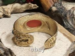 41. Vintage Gold tone Scarab Cobra Orange Blue Enamel Clamper Bracelet 6 1/2