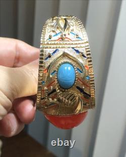 41. Vintage Gold tone Scarab Cobra Orange Blue Enamel Clamper Bracelet 6 1/2