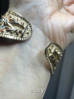 41. Vintage Gold tone Scarab Cobra Orange Blue Enamel Clamper Bracelet 6 1/2