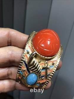 41. Vintage Gold tone Scarab Cobra Orange Blue Enamel Clamper Bracelet 6 1/2