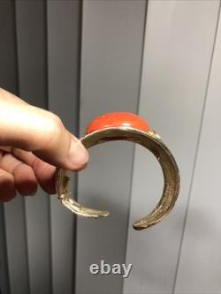 41. Vintage Gold tone Scarab Cobra Orange Blue Enamel Clamper Bracelet 6 1/2