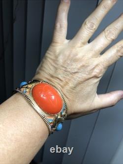 41. Vintage Gold tone Scarab Cobra Orange Blue Enamel Clamper Bracelet 6 1/2