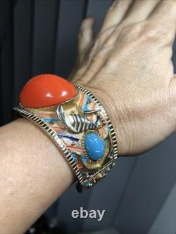 41. Vintage Gold tone Scarab Cobra Orange Blue Enamel Clamper Bracelet 6 1/2