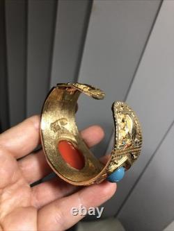 41. Vintage Gold tone Scarab Cobra Orange Blue Enamel Clamper Bracelet 6 1/2