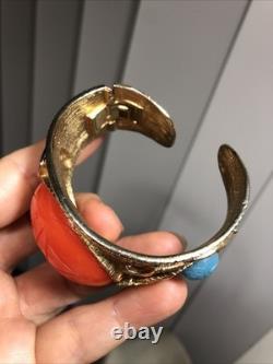 41. Vintage Gold tone Scarab Cobra Orange Blue Enamel Clamper Bracelet 6 1/2
