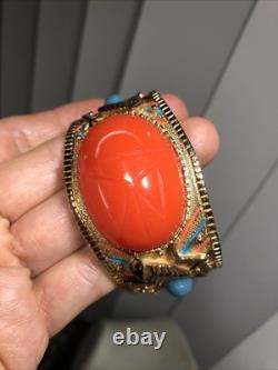 41. Vintage Gold tone Scarab Cobra Orange Blue Enamel Clamper Bracelet 6 1/2
