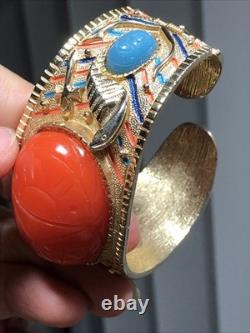 41. Vintage Gold tone Scarab Cobra Orange Blue Enamel Clamper Bracelet 6 1/2