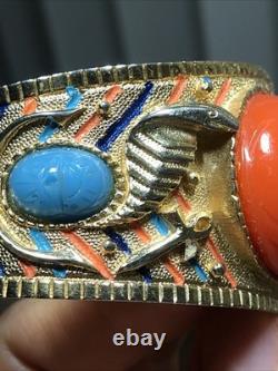 41. Vintage Gold tone Scarab Cobra Orange Blue Enamel Clamper Bracelet 6 1/2