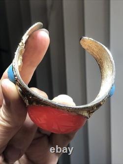 41. Vintage Gold tone Scarab Cobra Orange Blue Enamel Clamper Bracelet 6 1/2