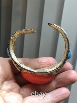 41. Vintage Gold tone Scarab Cobra Orange Blue Enamel Clamper Bracelet 6 1/2