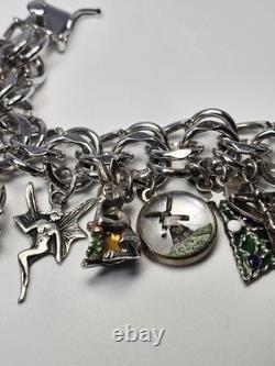 60s Sterling Bracelet 22 Charms Enamel Chunky Movers Essex Jelly Belly Vintage