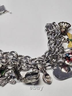 60s Sterling Bracelet 22 Charms Enamel Chunky Movers Essex Jelly Belly Vintage