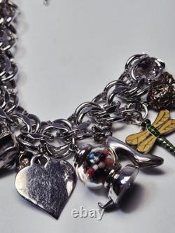 60s Sterling Bracelet 22 Charms Enamel Chunky Movers Essex Jelly Belly Vintage