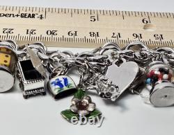 60s Sterling Bracelet 22 Charms Enamel Chunky Movers Essex Jelly Belly Vintage