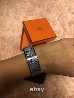 $610Retailed Hermès Bangle Enamel Bracelet/Blue/belt Print