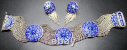 84 NU Sterling Silver 925 Blue & Green Enamel Medallion Bracelet Earring Set