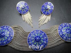 84 NU Sterling Silver 925 Blue & Green Enamel Medallion Bracelet Earring Set