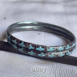 925 Sterling Silver Bangles /bracelet Blue Brown Enamel /set of two