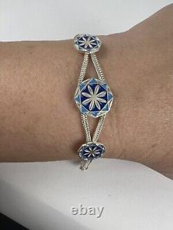 925 Sterling Silver Blue Enamel Chain Bracelet Handmade In Turkey 9 WithGift Box