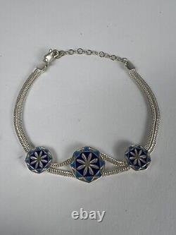 925 Sterling Silver Blue Enamel Chain Bracelet Handmade In Turkey 9 WithGift Box