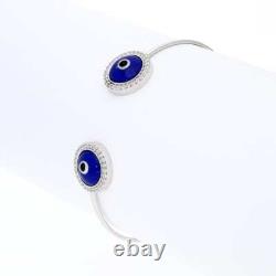 925 Sterling Silver Simulated Blue & White Enamel Evil Eye Bangle Bracelet 7