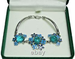 925 Sterling Silver Vintage Blue Gem Flower Bangle Bracelet Enamel Floral