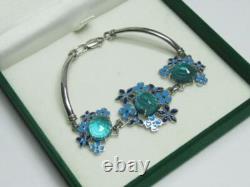 925 Sterling Silver Vintage Blue Gem Flower Bangle Bracelet Enamel Floral