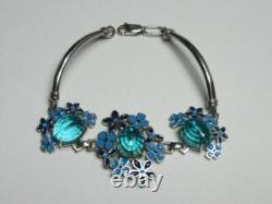 925 Sterling Silver Vintage Blue Gem Flower Bangle Bracelet Enamel Floral