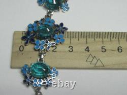 925 Sterling Silver Vintage Blue Gem Flower Bangle Bracelet Enamel Floral